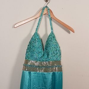 Terani Sequin Gemstone Beaded Deep V Prom Dress